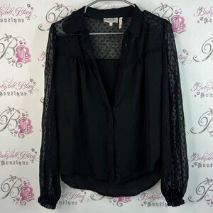 Laundry By Shelli Segal long sleeve dotted Polka dot buttons Black Sheer Blouse